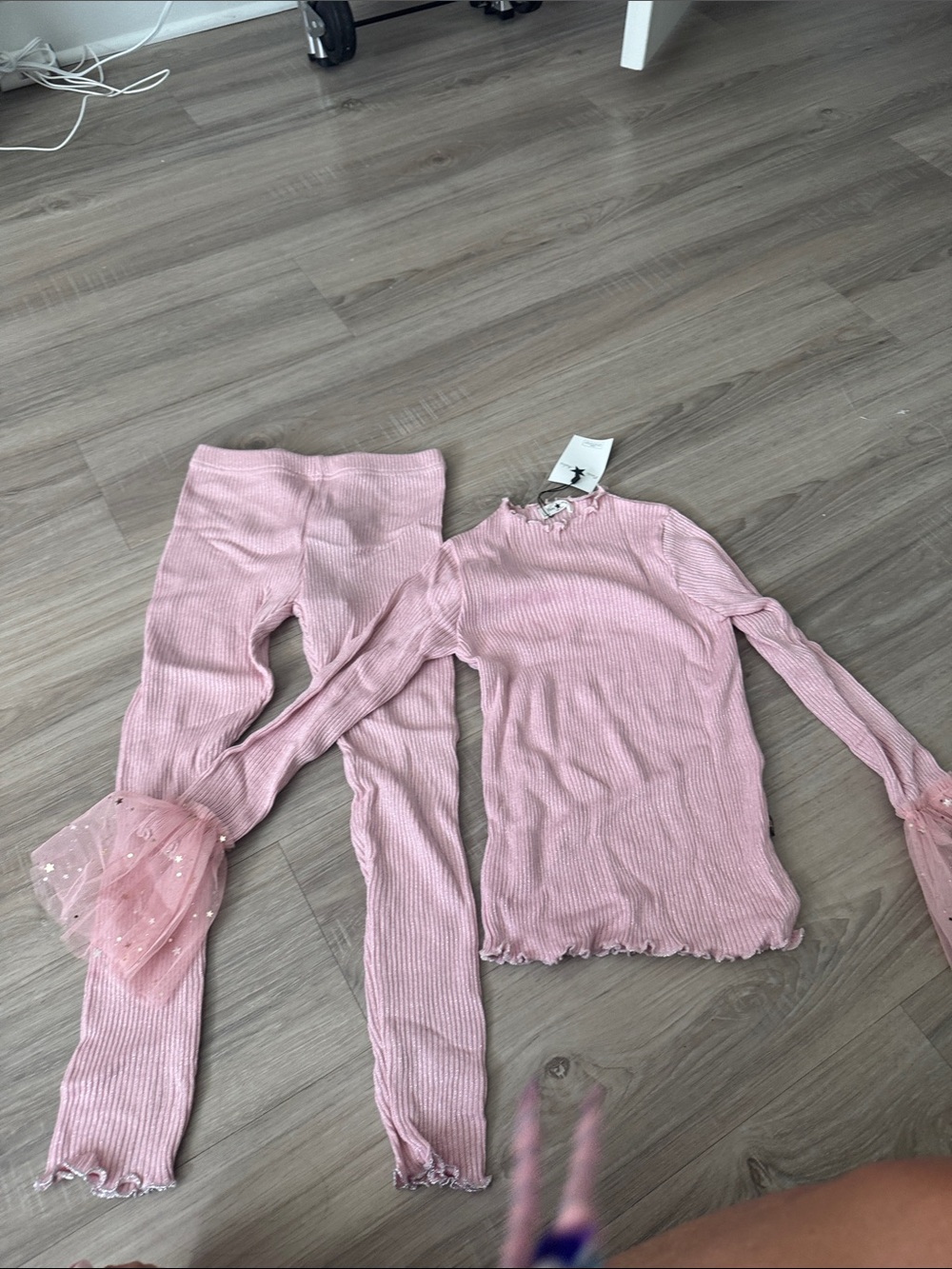 Petite Hailey Girls Ribbed Pink Pajama Set with Tulle Cuff Detail
